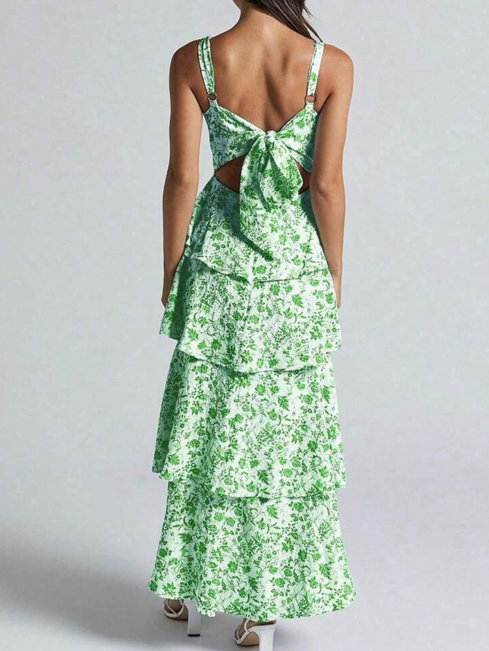 Green Floral Tiered Maxi Dress with Spaghetti Straps - Picture 5 of 5